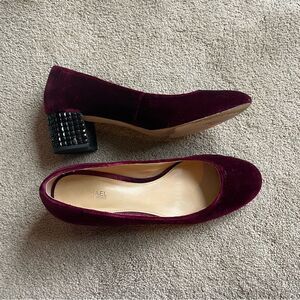 Michael Kors Red Burgundy Velvet 2" Heels with Black Rhinestone Accents Size 8.5